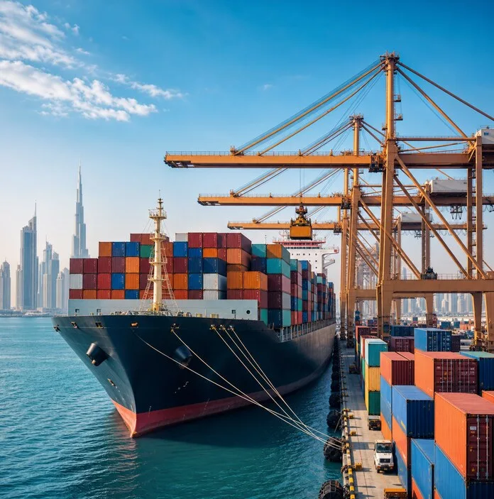Container ship at a Dubai seaport terminal
